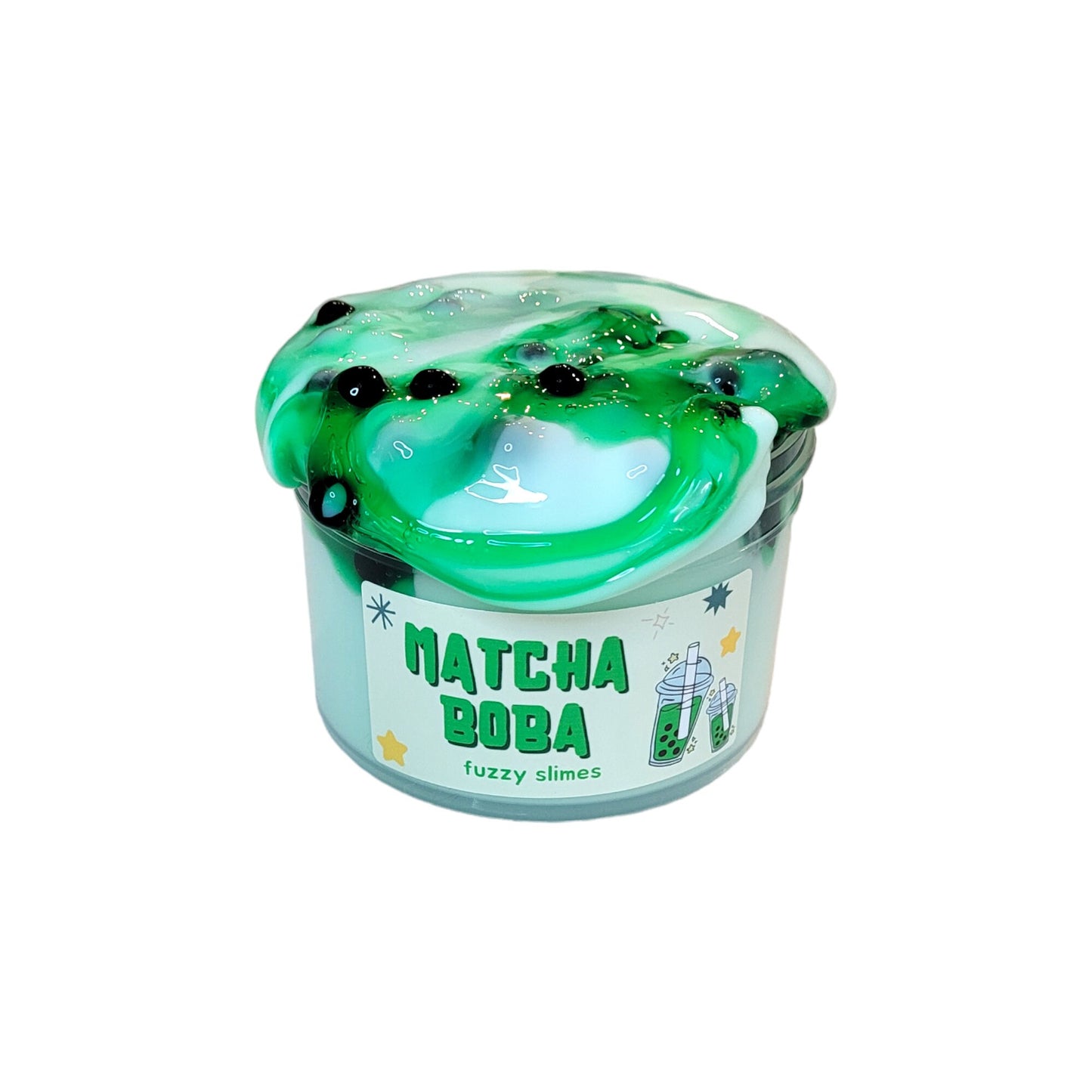 Matcha Boba slime, thick and glossy, clear, Boba beads ~ fuzzy slimes ~ plant scent