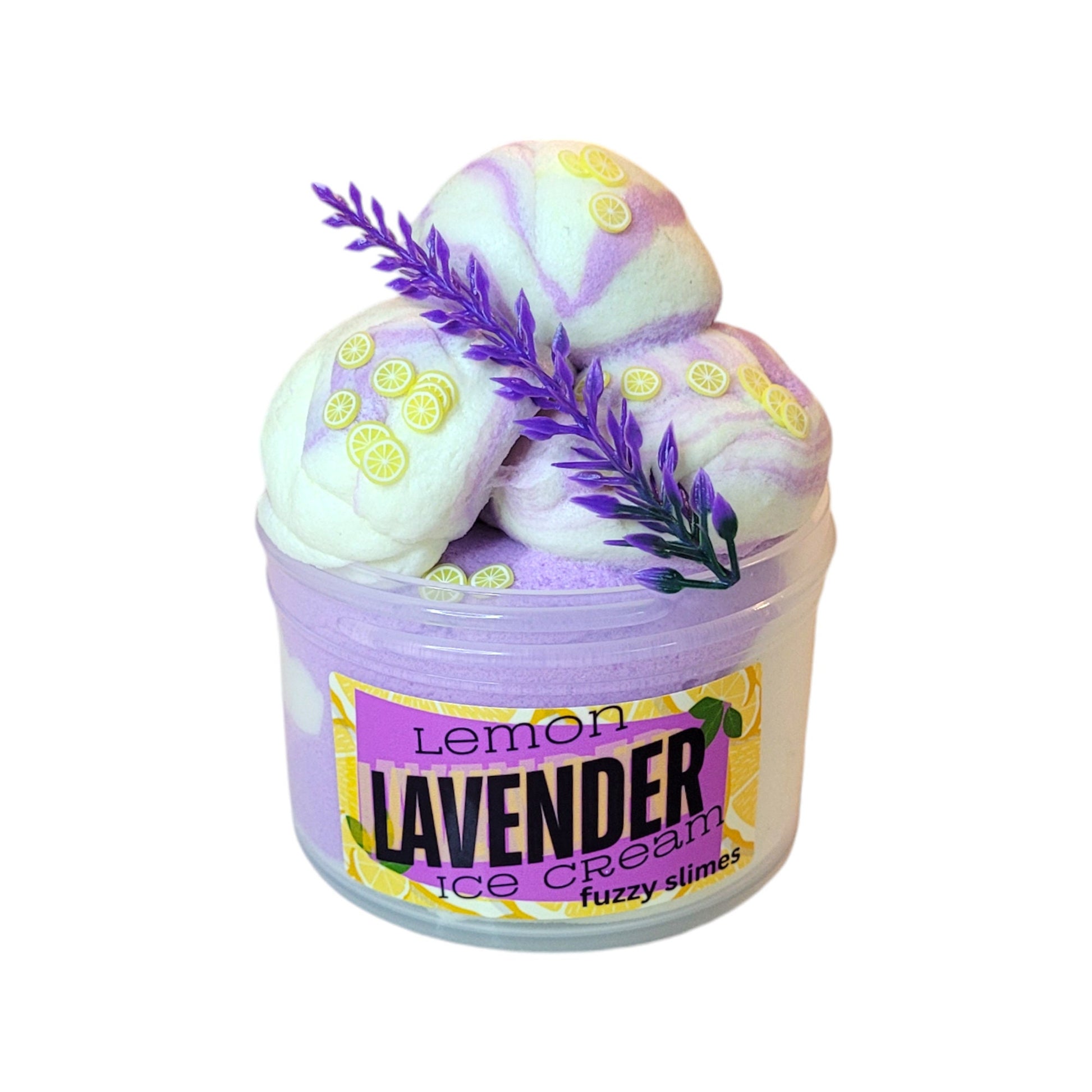 lemon lavender ice cream slime, fuzzy slimes, lemon and lavender scent