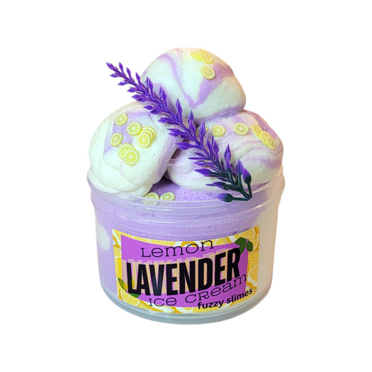 lemon lavender ice cream slime, fuzzy slimes, lemon and lavender scent