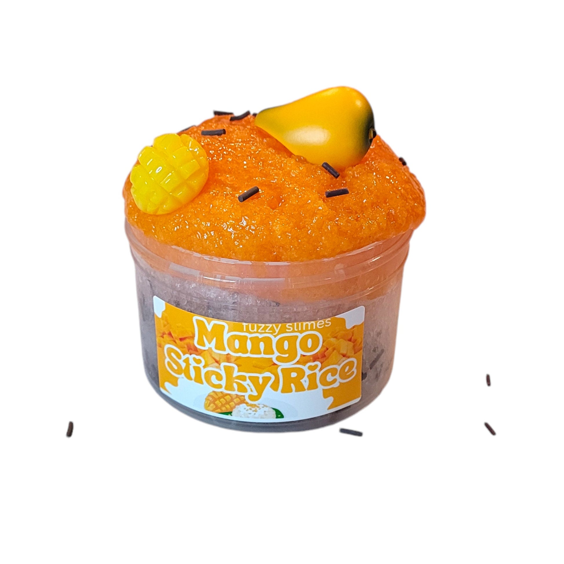 mango sticky rice soft snow slime, fuzzy slimes, mango scent