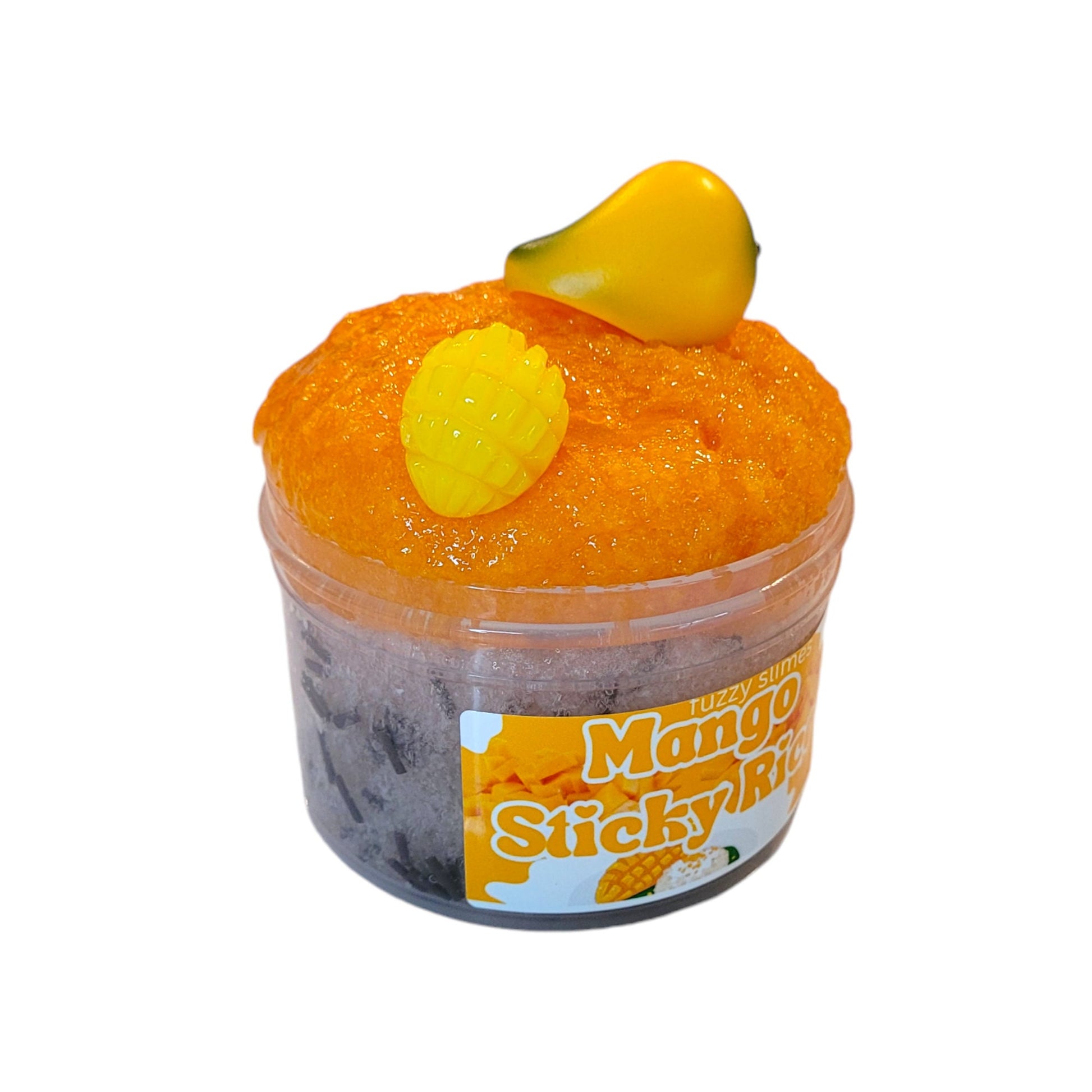 mango sticky rice soft snow slime, fuzzy slimes, mango scent