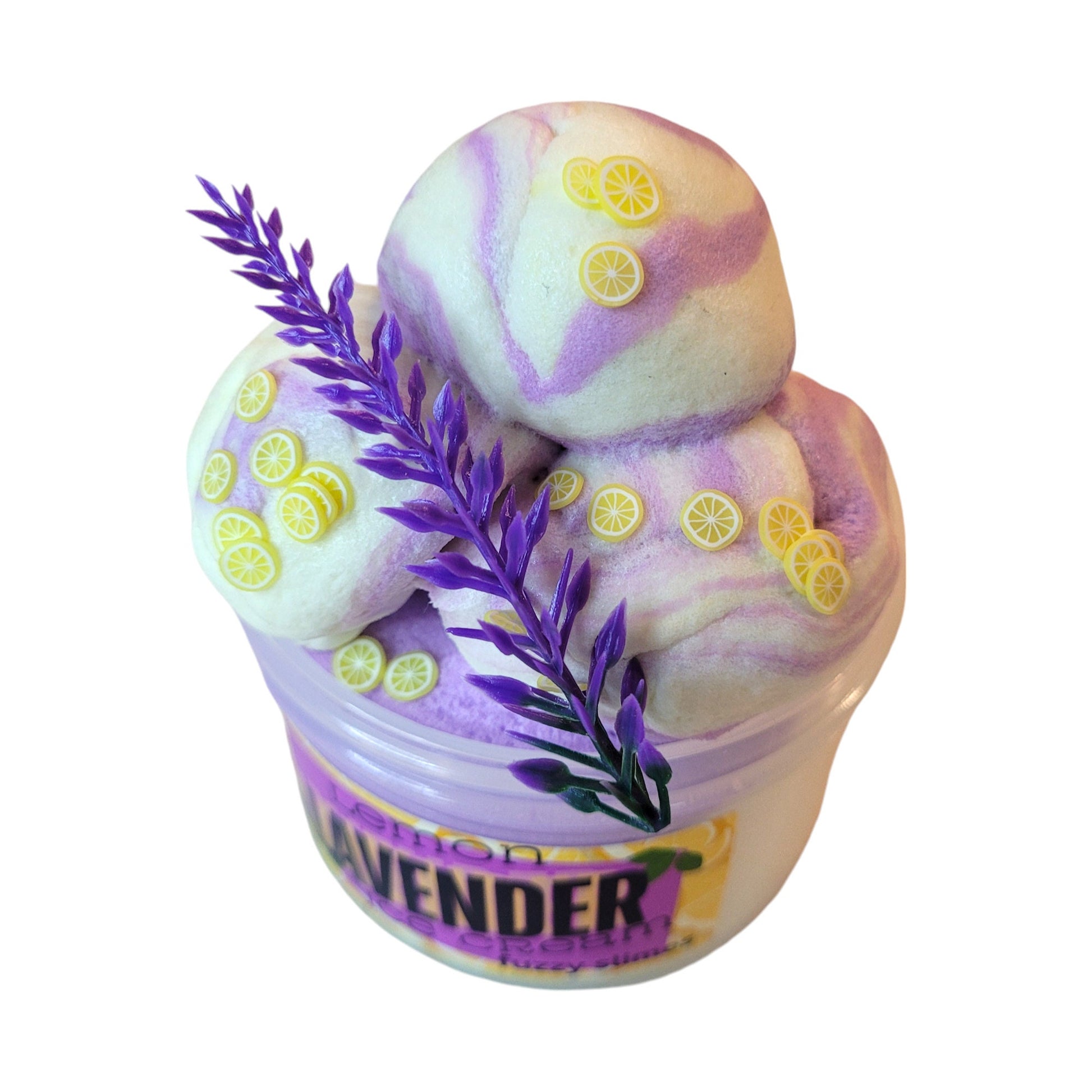 lemon lavender ice cream slime, fuzzy slimes, lemon and lavender scent