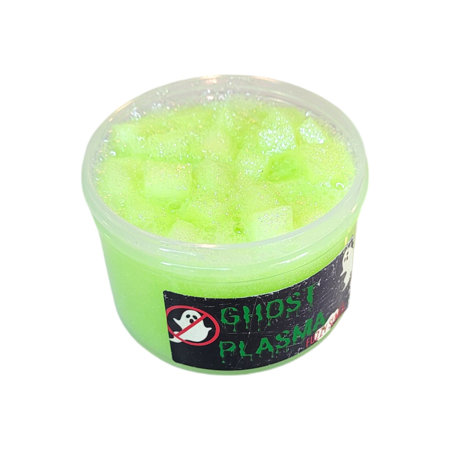 ghost plasma jelly cube slime, Fuzzy Slimes, green apple scented